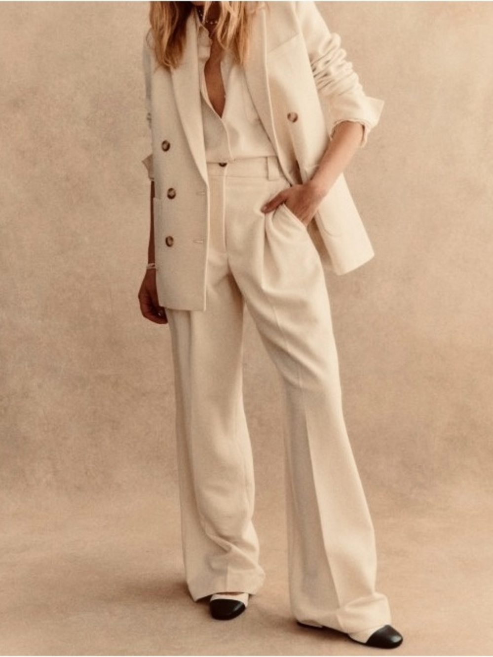Sezane Cream Wide-Leg High-Waist Trousers